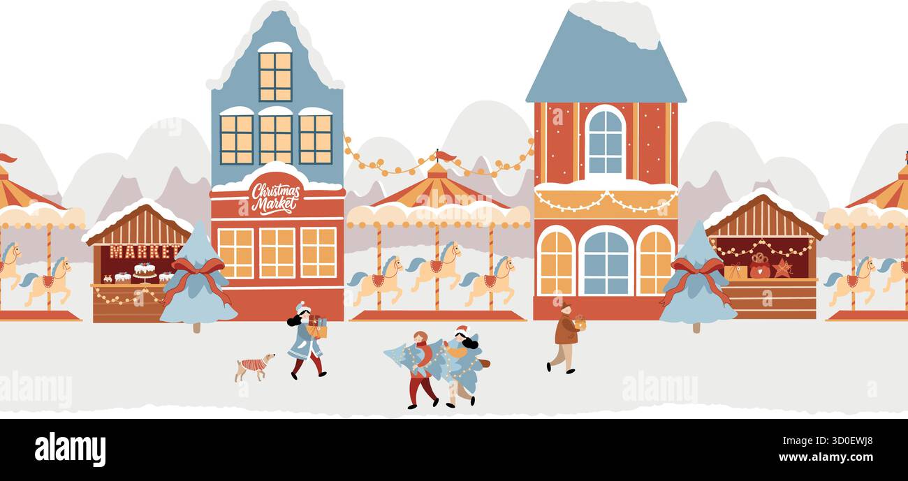 Bordure vectorielle transparente. Parc d'attractions d'hiver, marché de Noël, ville d'hiver, rue de Noël. Foire des vacances de Noël, carrousel avec chevaux, Christma Illustration de Vecteur