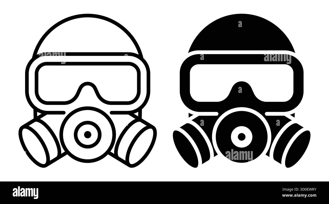 Des illustrations minimalistes en noir et blanc de masques à gaz représentent des équipements de sécurité essentiels pour la protection de la santé dans des environnements dangereux, incarnant l'emergenc Illustration de Vecteur