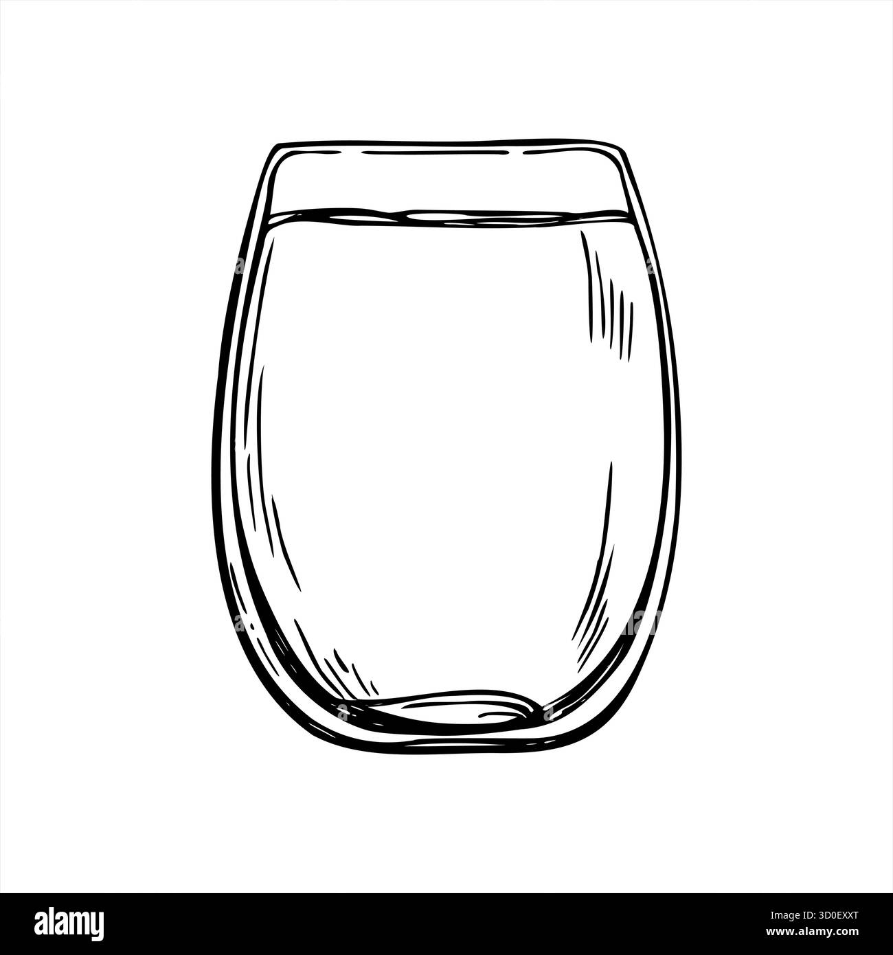 Plein verre avec boisson non alcoolisée monochrome illustration isolée vectorielle dans le style linéaire de contour. Eau pure ou tonique, jus dans le dessin de gravure Illustration de Vecteur