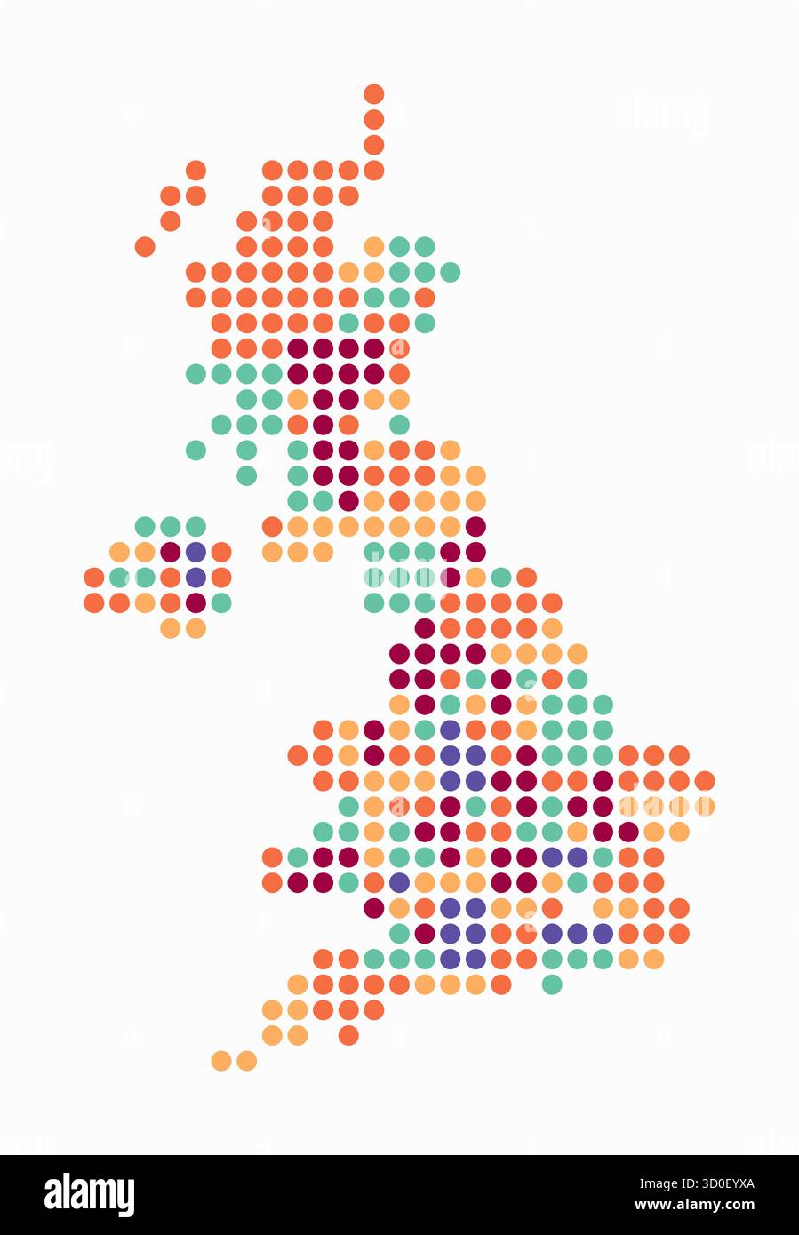 Carte en pointillés du Royaume-Uni. Carte de style numérique du pays sur fond blanc. Forme Royaume-Uni avec des points circulaires. Style de points colorés. Illustration de Vecteur