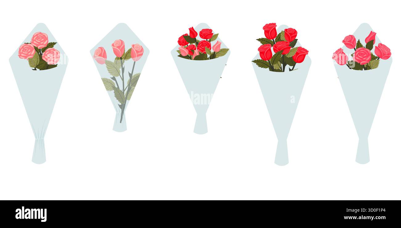 Un ensemble de bouquets de roses dans du papier d'emballage. Illustration vectorielle isolée sur un fond blanc. Illustration de Vecteur Un ensemble de bouquets de roses dans du papier d'emballage. Illustration vectorielle isolée sur un fond blanc. Illustration de Vecteur