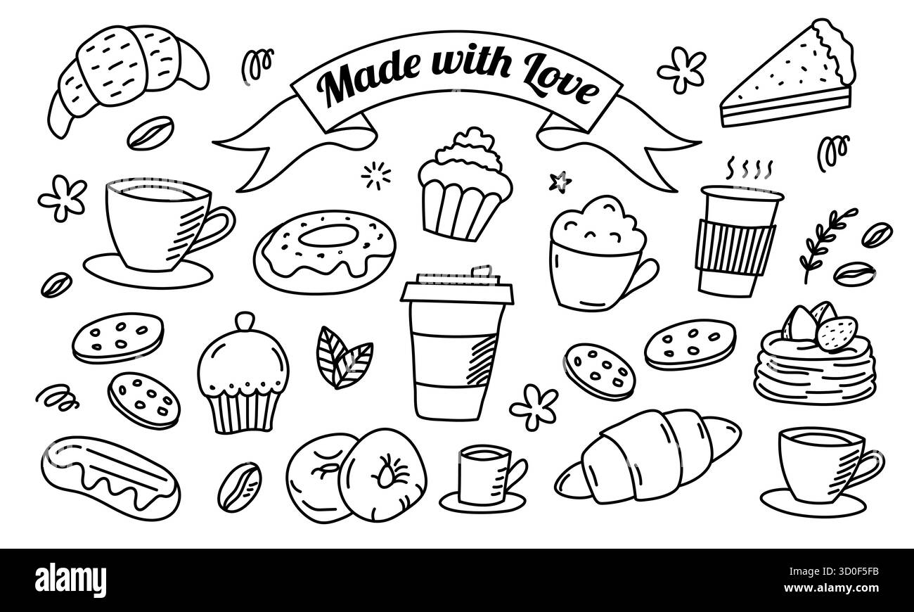 Ensemble vectoriel de bonbons de boulangerie, y compris des gâteaux, des beignets, des pâtisseries à la crème. Illustration colorée mignonne pour le menu de café, affiches, autocollants, emballage alimentaire Illustration de Vecteur