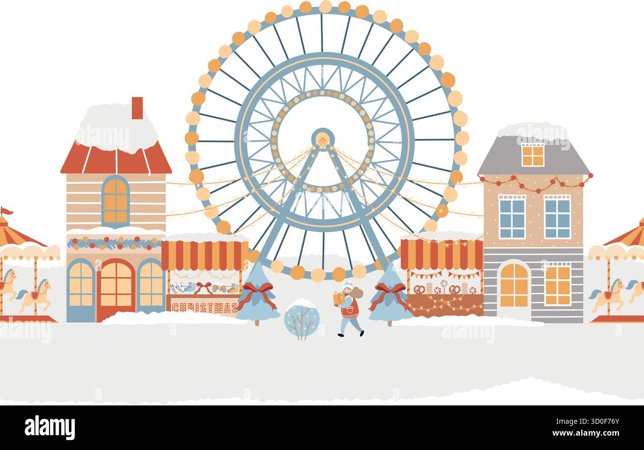 Bordure vectorielle transparente. Parc d'attractions d'hiver, marché de Noël, ville d'hiver, rue de Noël. Foire des vacances de Noël, marché, carrousel avec chevaux, Illustration de Vecteur