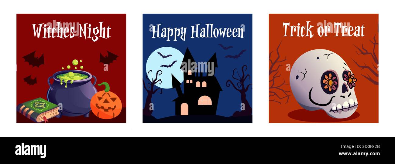 Un ensemble de cartes d'Halloween avec des illustrations effrayantes comprenant des citrouilles, des chauves-souris et des fantômes, parfait pour les vœux et les invitations de saison. Illustration de Vecteur