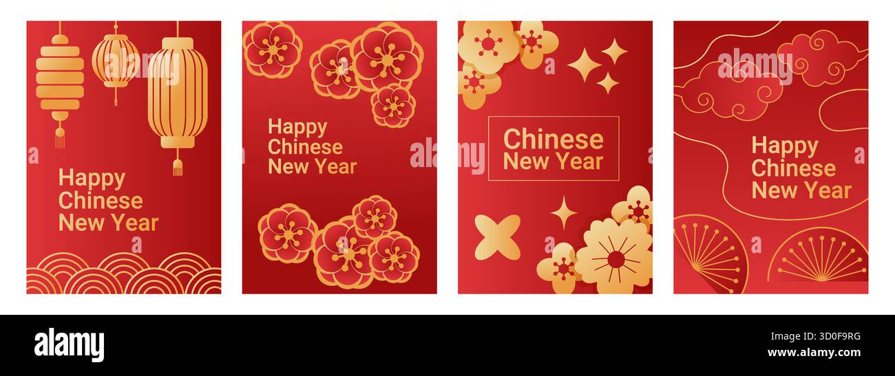 Une collection de cinq affiches du nouvel an chinois avec des accents dorés, des lanternes et des motifs floraux. Illustration de Vecteur