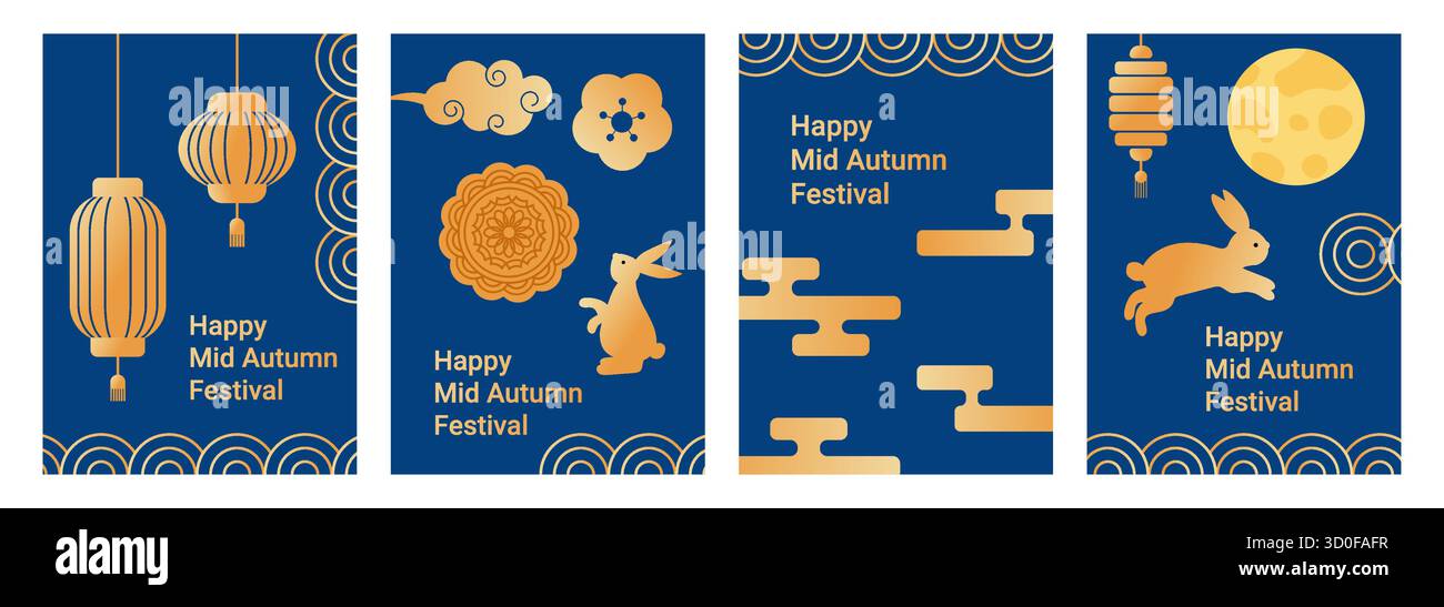 Ensemble de cartes Mid Autumn Festival en bleu foncé et or avec lapins, lune, lanternes et motifs décoratifs. Illustration de Vecteur