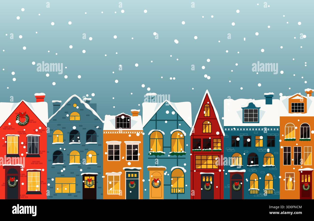 Une charmante scène hivernale avec des maisons colorées couvertes de neige, créant une atmosphère chaleureuse et festive. Illustration de Vecteur