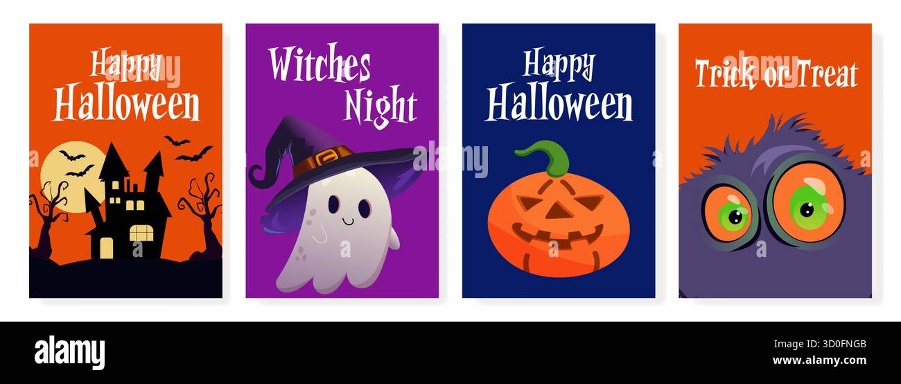 Ensemble créatif d'affiches d'Halloween avec citrouilles, sorcières, maison hantée et monstres, parfait pour la décoration saisonnière, les fêtes et les invitations. Illustration de Vecteur