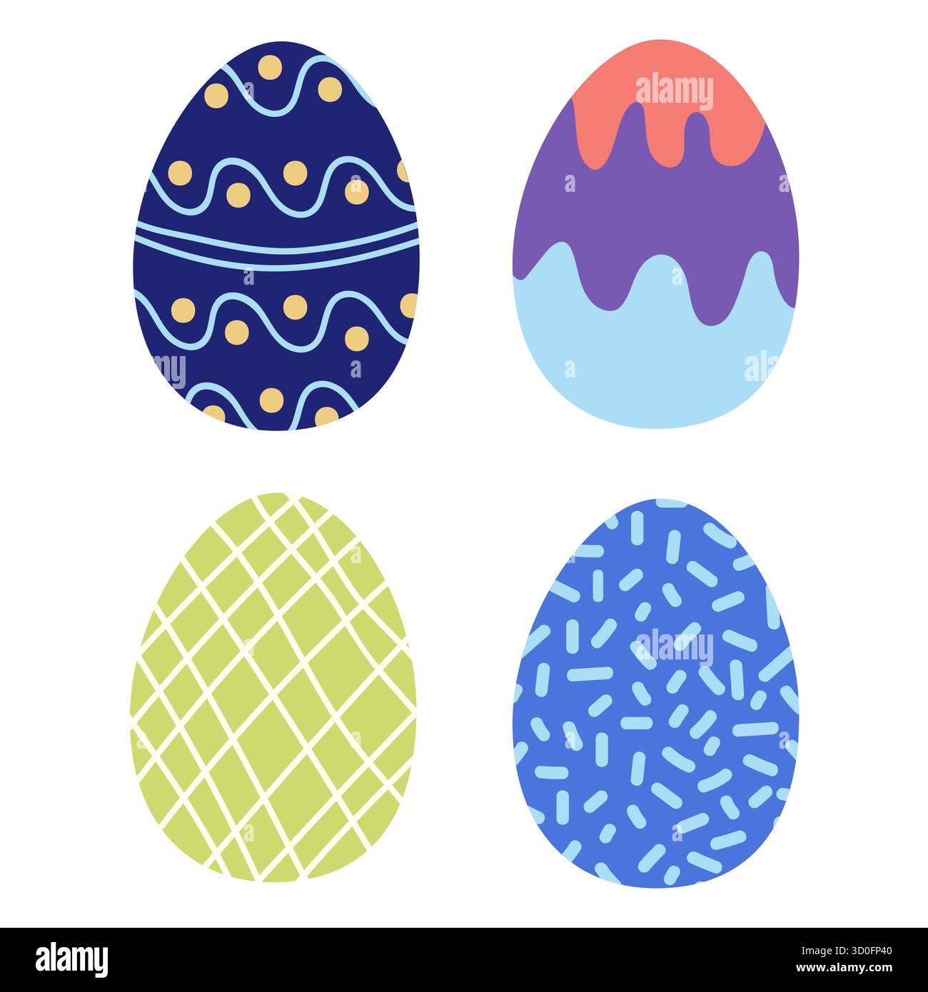 Les œufs de Pâques aux couleurs vives présentent quatre designs uniques, parfaits pour les fêtes de printemps. Chaque œuf présente un motif différent, mettant en valeur festif Illustration de Vecteur