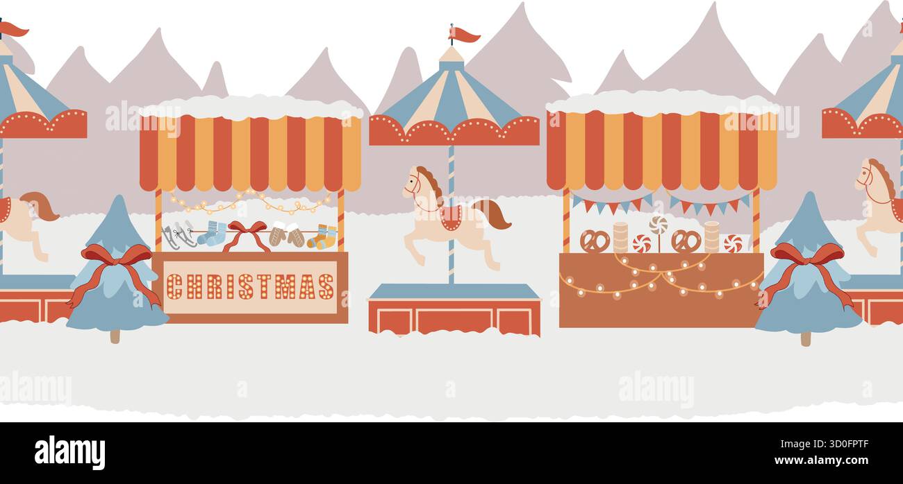 Bordure vectorielle transparente. Parc d'attractions d'hiver, marché de Noël, ville d'hiver. Foire de Noël, marché, étals, carrousel avec chevaux, arbres de Noël. H Illustration de Vecteur