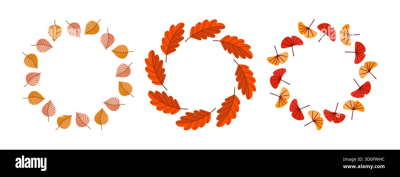 Ensemble vectoriel de couronnes d'automne dessinées à la main avec différentes formes de feuilles dans des couleurs saisonnières chaudes sur fond blanc. Illustration de Vecteur