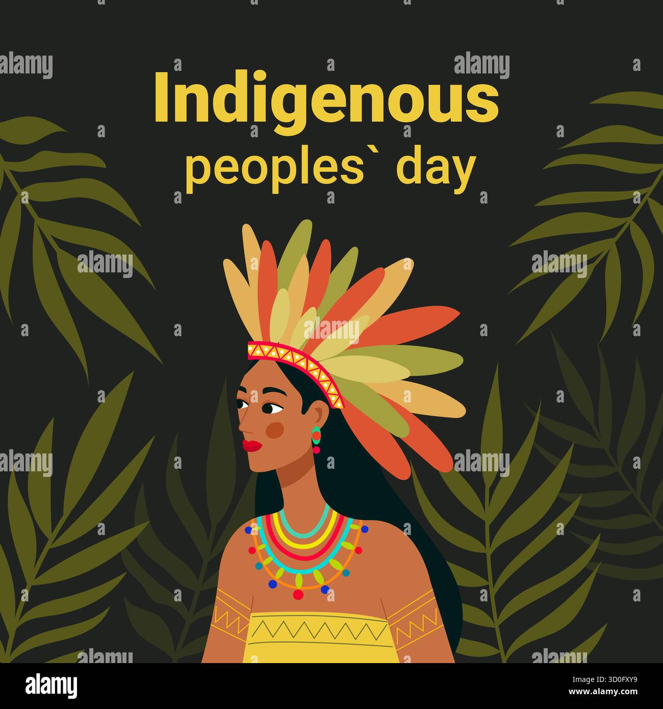 Illustration de bannière pour la Journée des peuples autochtones mettant en vedette une femme dans une coiffe à plumes traditionnelle. Illustration de Vecteur