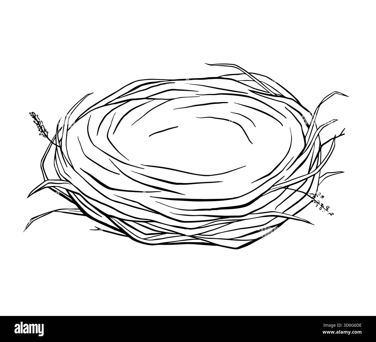 Croquis d'un nid d'oiseau vide fait de brindilles dans un style naturel rustique. Illustration à l'encre dessinée à la main pour les thèmes du printemps, la faune, les pages à colorier, la marque écologique Illustration de Vecteur