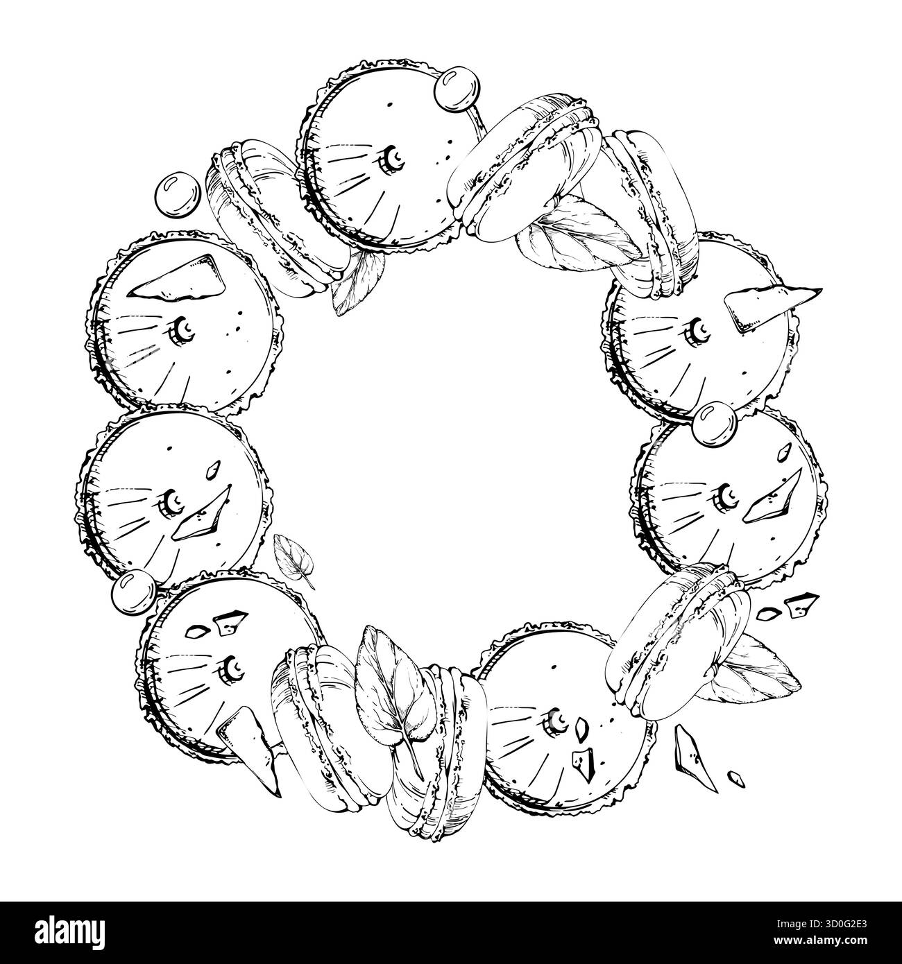 Macarons français avec bonbons au cacao éparpillés, menthe, fragments de barre de chocolat disposés en cercle. Couronne d'encre vectorielle dessinée à la main isolée. Ornementale Illustration de Vecteur