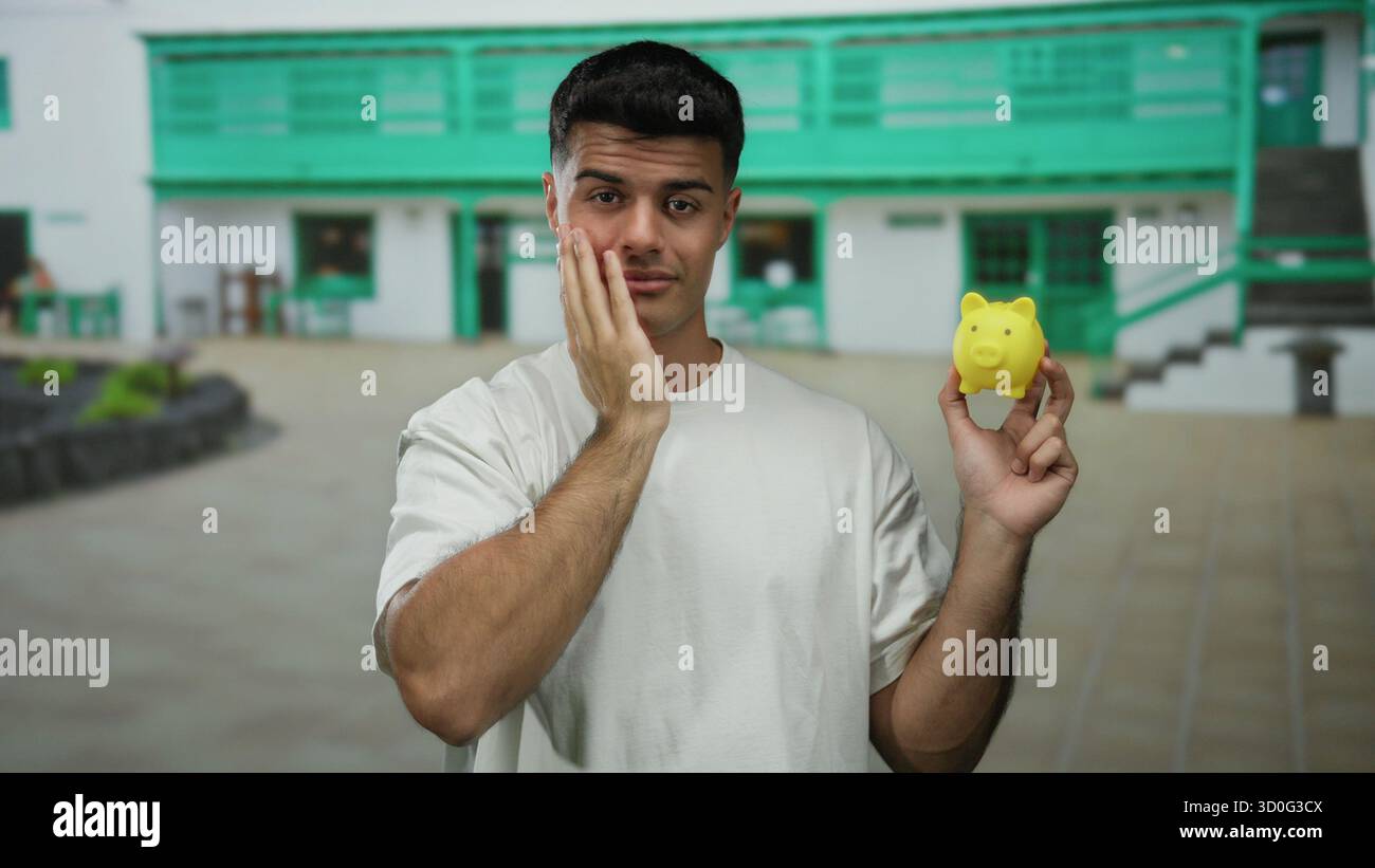 Jeune homme dans une chemise blanche tient une tirelire jaune dans un cadre de ville en plein air, affichant une expression réfléchie sur un fond d'acce vert Banque D'Images