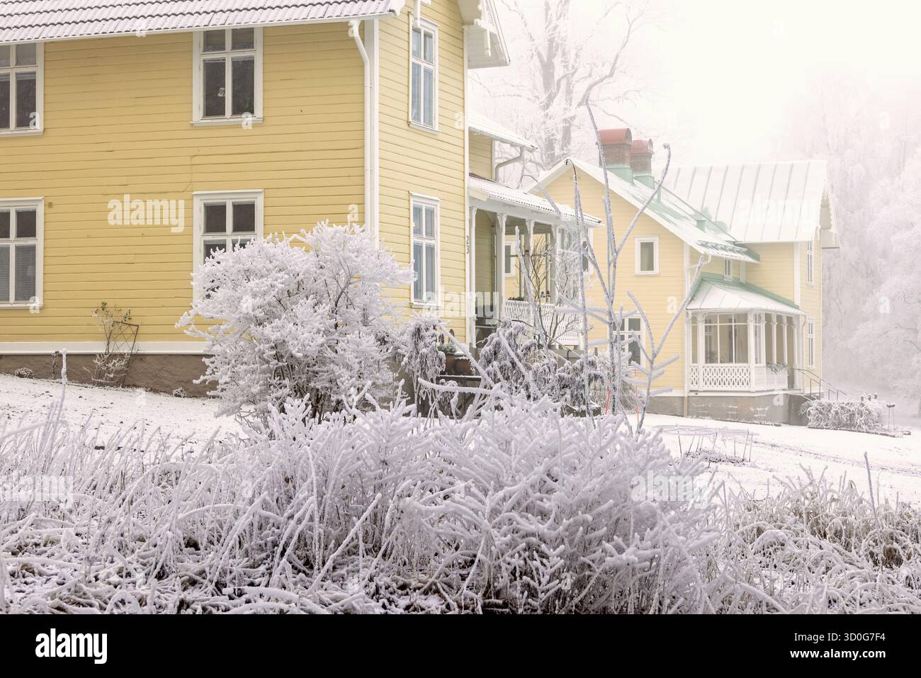 Vieilles maisons résidentielles en bois une froide journée d'hiver Banque D'Images