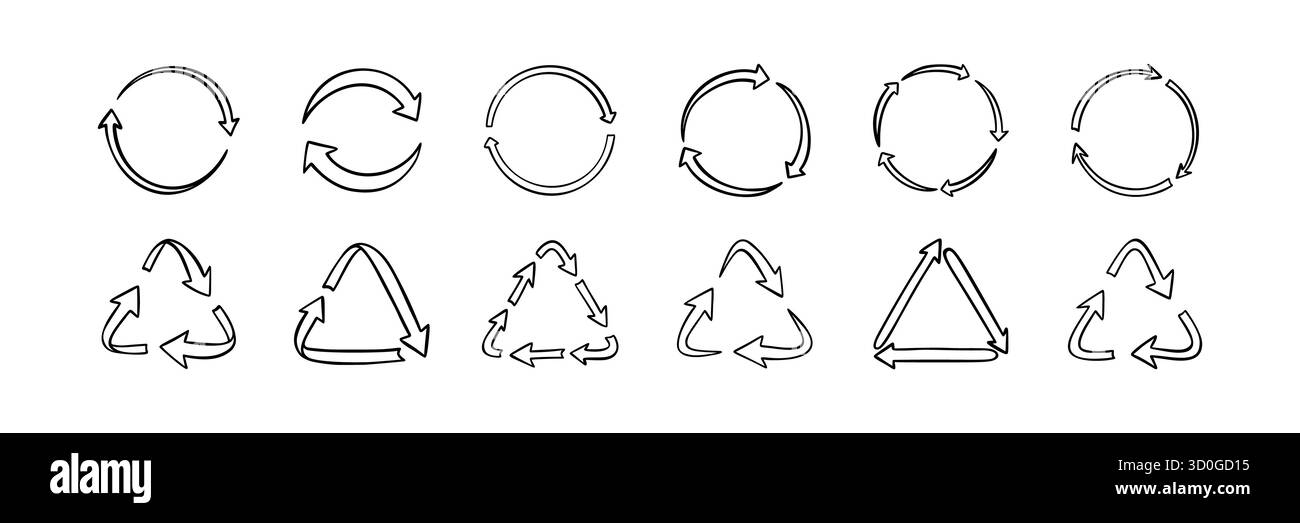 Ensemble de symboles de recyclage d'écriture manuscrite. Signe de flèche circulaire circulaire. Icône de cycle de répétition de réutilisation dessinée à la main. Dessin écologique de ligne vectorielle de crayon. Actualiser, R Illustration de Vecteur