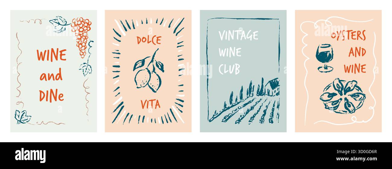 Ensemble de crayon doodle dessiné à la main, craie, pastel, affiche de vin pinceau. Dessin croquis au crayon pour vignoble, conception de vignoble, italien, ferme viticole française. Illustration de Vecteur
