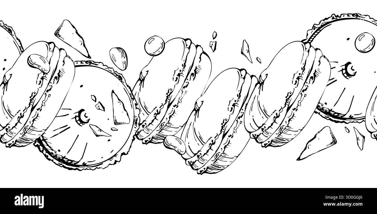 Tour de macarons avec des morceaux de chocolat, des fèves de cacao et des dragées de bonbons. Dessiné à la main à l'encre vectorielle, isolé pour des arrière-plans de motif sans couture, boulangerie Illustration de Vecteur