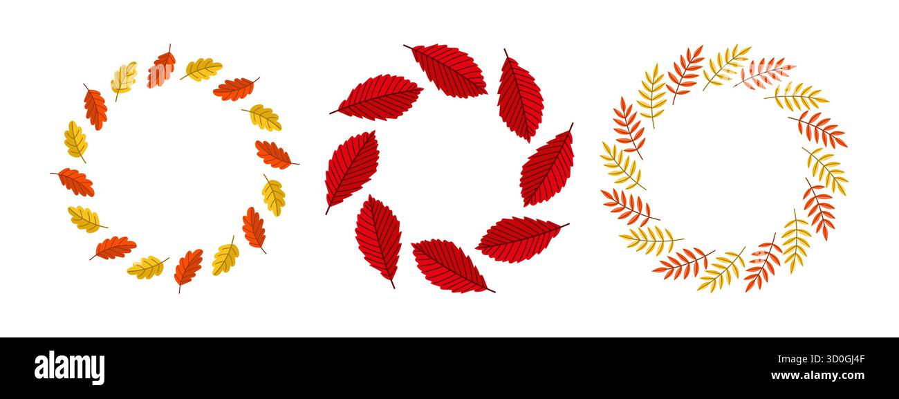 Collection de couronnes d'automne dessinées à la main faites de feuilles et de branches colorées. Idéal pour les cartes saisonnières, les affiches et les invitations. Illustration de Vecteur