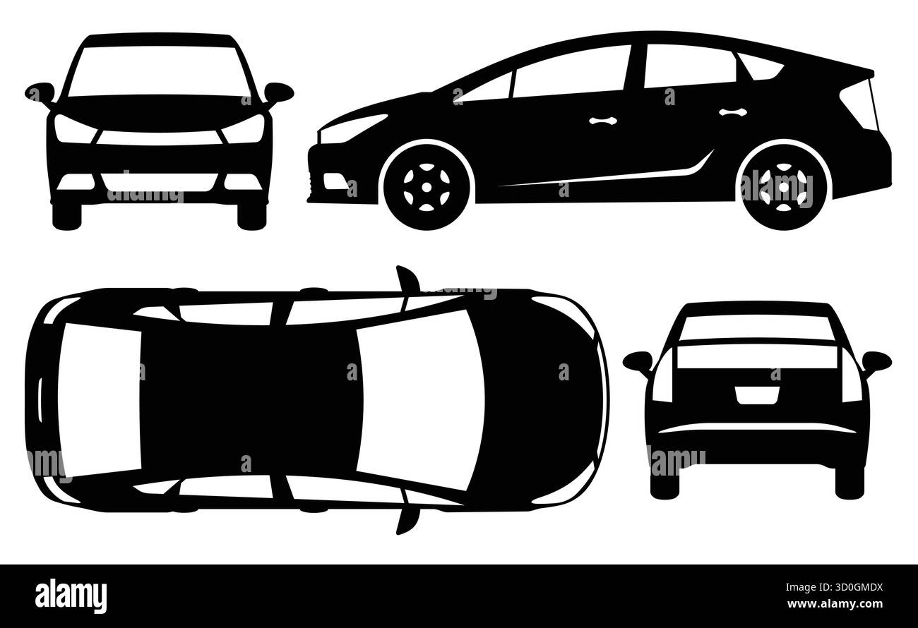 Icônes vectorielles noir et blanc d'une voiture montrées sous quatre angles différents - vue latérale, avant, arrière et de dessus. Style simple et épuré pour une utilisation facile Illustration de Vecteur