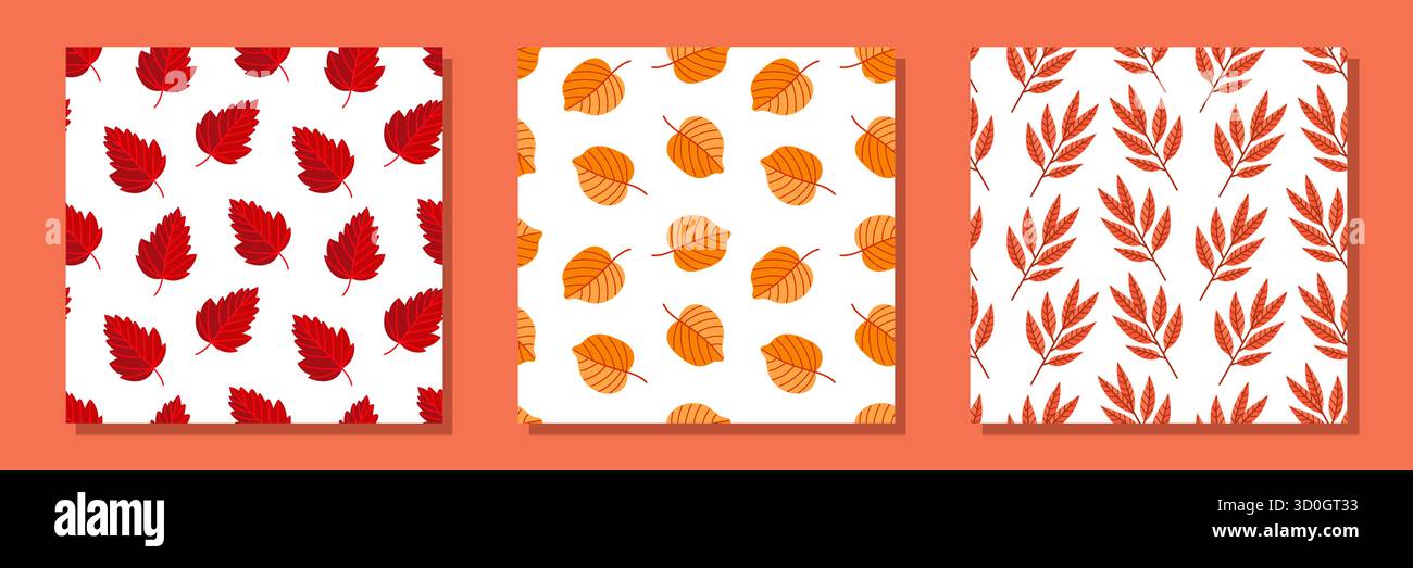 Cette collection comprend un charmant ensemble de trois motifs sans couture avec des feuilles magnifiquement conçues sur un rouge vif, blanc et orange BA Illustration de Vecteur