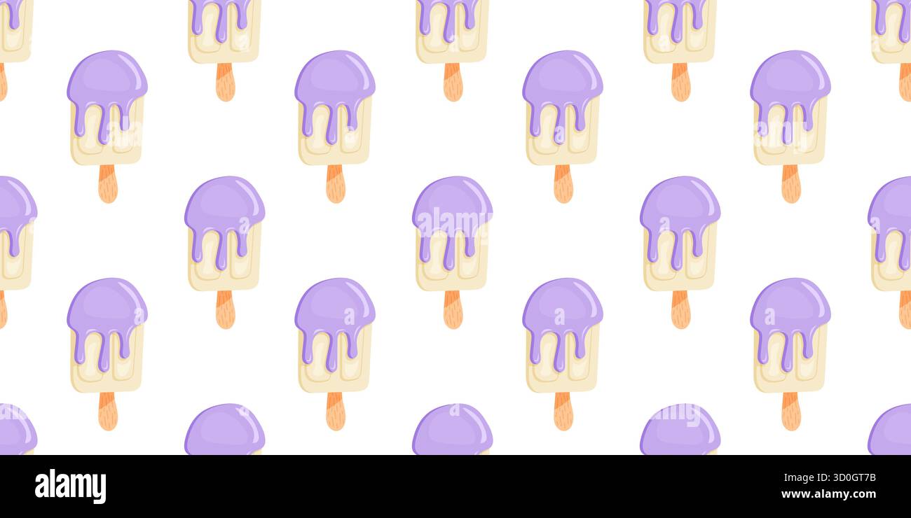 Ce charmant motif sans couture présente des popsicles de crème glacée violettes sur un fond blanc, parfait pour des designs ludiques Illustration de Vecteur