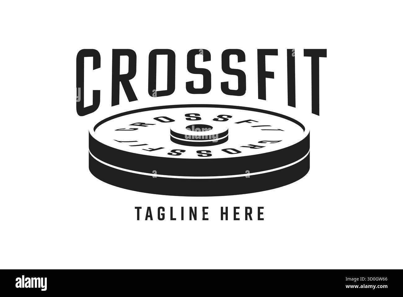 Illustration dynamique de logo noir et blanc avec des lettres majuscules en gras formant un terme de fitness, centré au-dessus d'une plaque d'haltérophilie avec du texte autour du i. Illustration de Vecteur