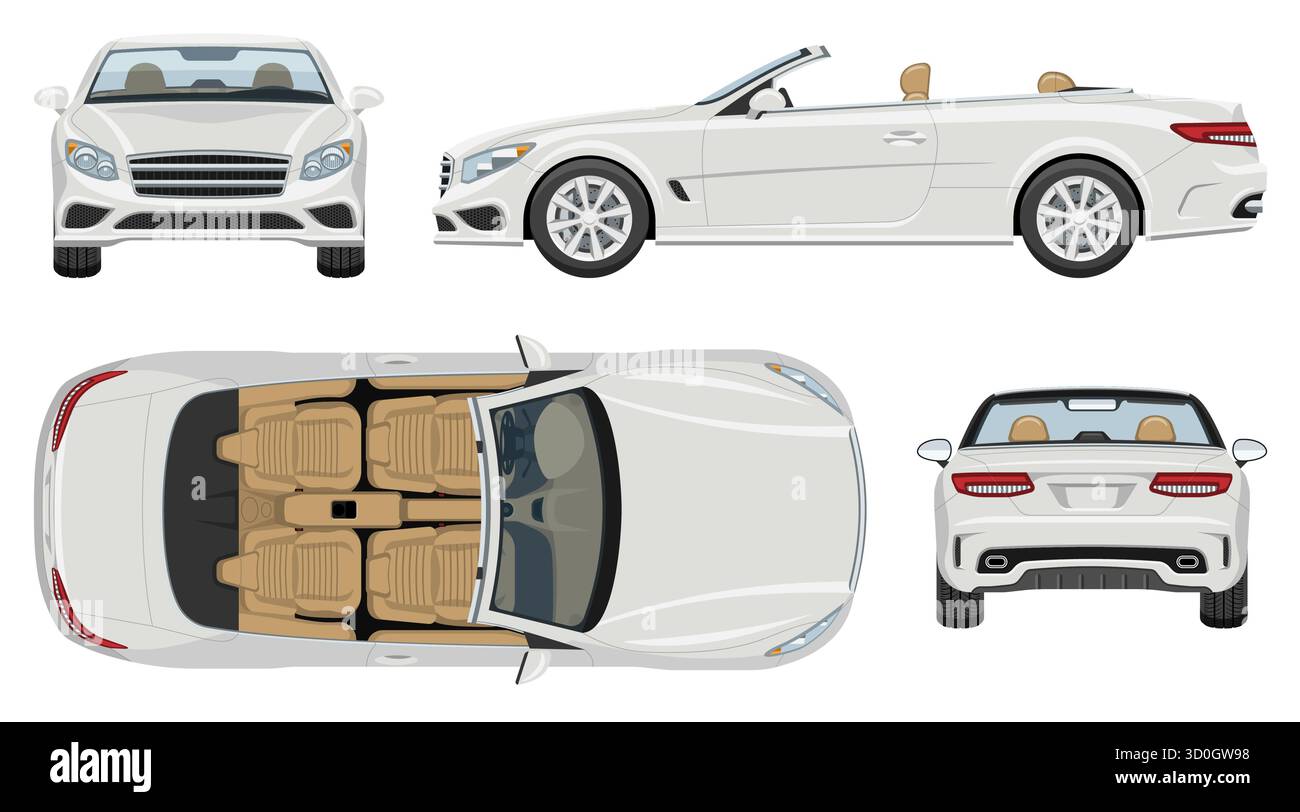 Modèle vectoriel d'une voiture décapotable de luxe blanche montrée sous quatre angles : avant, côté, arrière et haut. Couleurs simples sans dégradés ni effets. Illustration de Vecteur Modèle vectoriel d'une voiture décapotable de luxe blanche montrée sous quatre angles : avant, côté, arrière et haut. Couleurs simples sans dégradés ni effets. Illustration de Vecteur