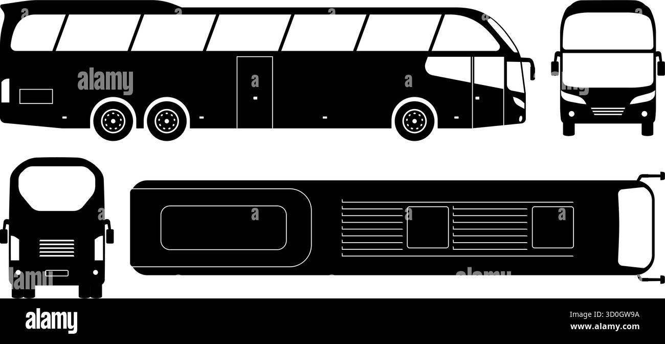 Icônes vectorielles noires et blanches d'un bus touristique affichées sous quatre angles différents : vue latérale, avant, arrière et de dessus. Silhouette simple et épurée pour EA Illustration de Vecteur