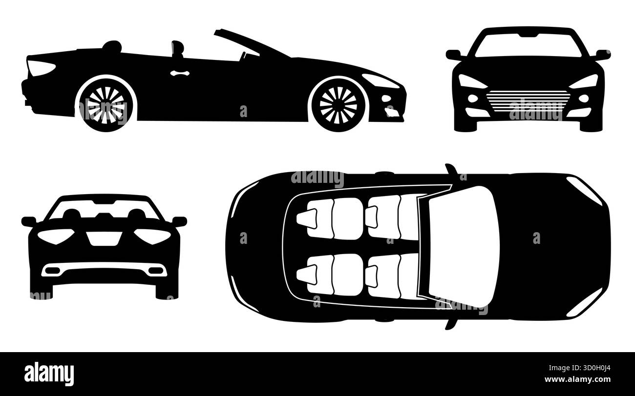 Icônes vectorielles noir et blanc d'une voiture de sport montrées sous quatre angles différents - vue latérale, avant, arrière et de dessus. Silhouette simple et épurée. Illustration de Vecteur