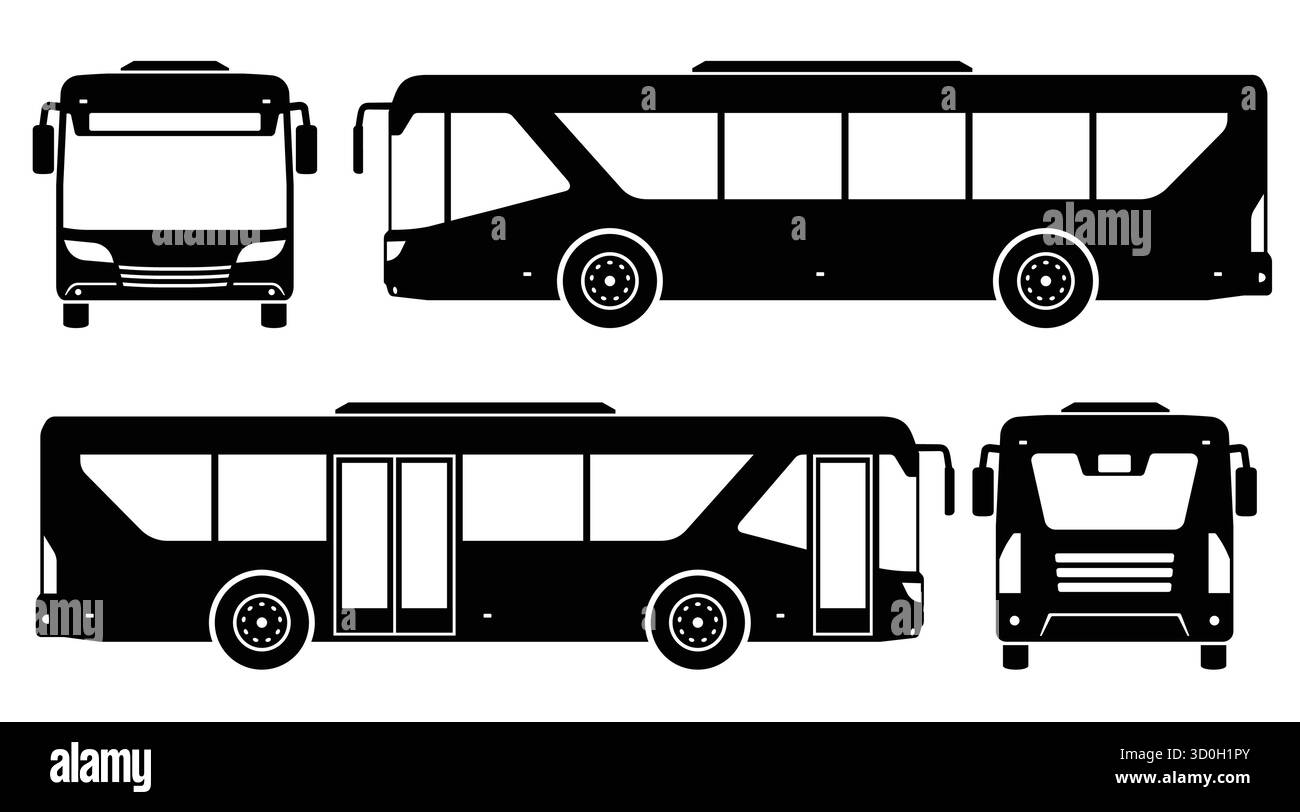 Icônes vectorielles noires et blanches d'un bus de ville montrées sous différents angles - vue latérale, avant et arrière. Style simple et épuré pour une utilisation facile dans les Illustration de Vecteur Icônes vectorielles noires et blanches d'un bus de ville montrées sous différents angles - vue latérale, avant et arrière. Style simple et épuré pour une utilisation facile dans les Illustration de Vecteur