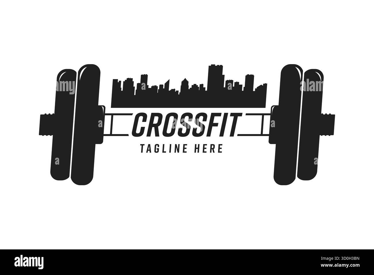 Concept de logo dynamique mettant en valeur une barre intégrée à un horizon urbain de la ville et du texte CROSSFIT, parfait pour la marque de fitness Illustration de Vecteur