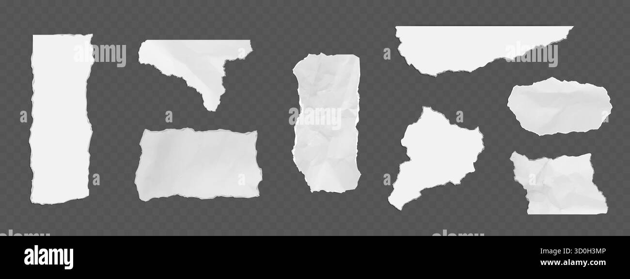 Découpe de papier déchiré avec bords déchirés sur fond transparent. Fragments froissés blancs de différentes formes et tailles avec des effets de bordure irréguliers réalistes pour scrapbook, collage ou conception de superposition. Illustration de Vecteur