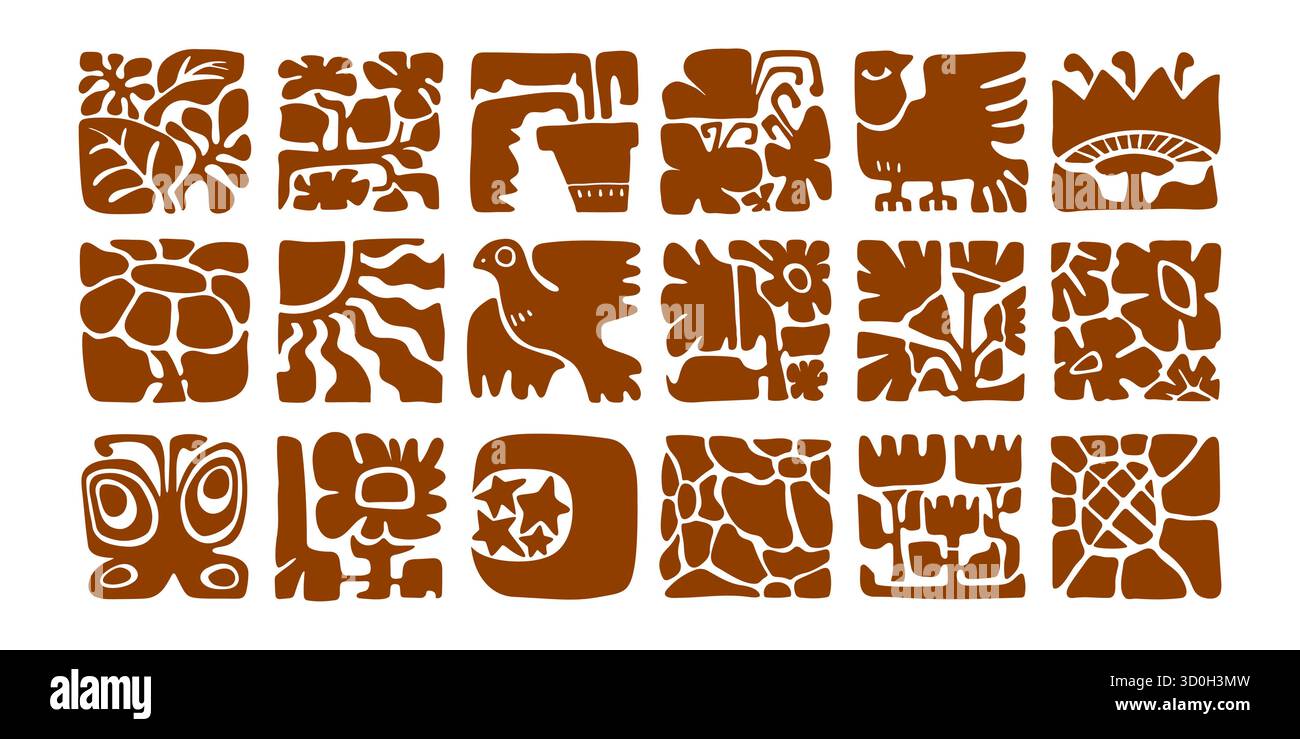 Tuiles boho brunes avec des motifs organiques dans des cadres carrés - feuilles, oiseaux et fleurs pour des timbres décoratifs ou des fonds. Art folklorique avec des silhouettes découpées dans la nature, des éléments solaires et des motifs géométriques. Illustration de Vecteur