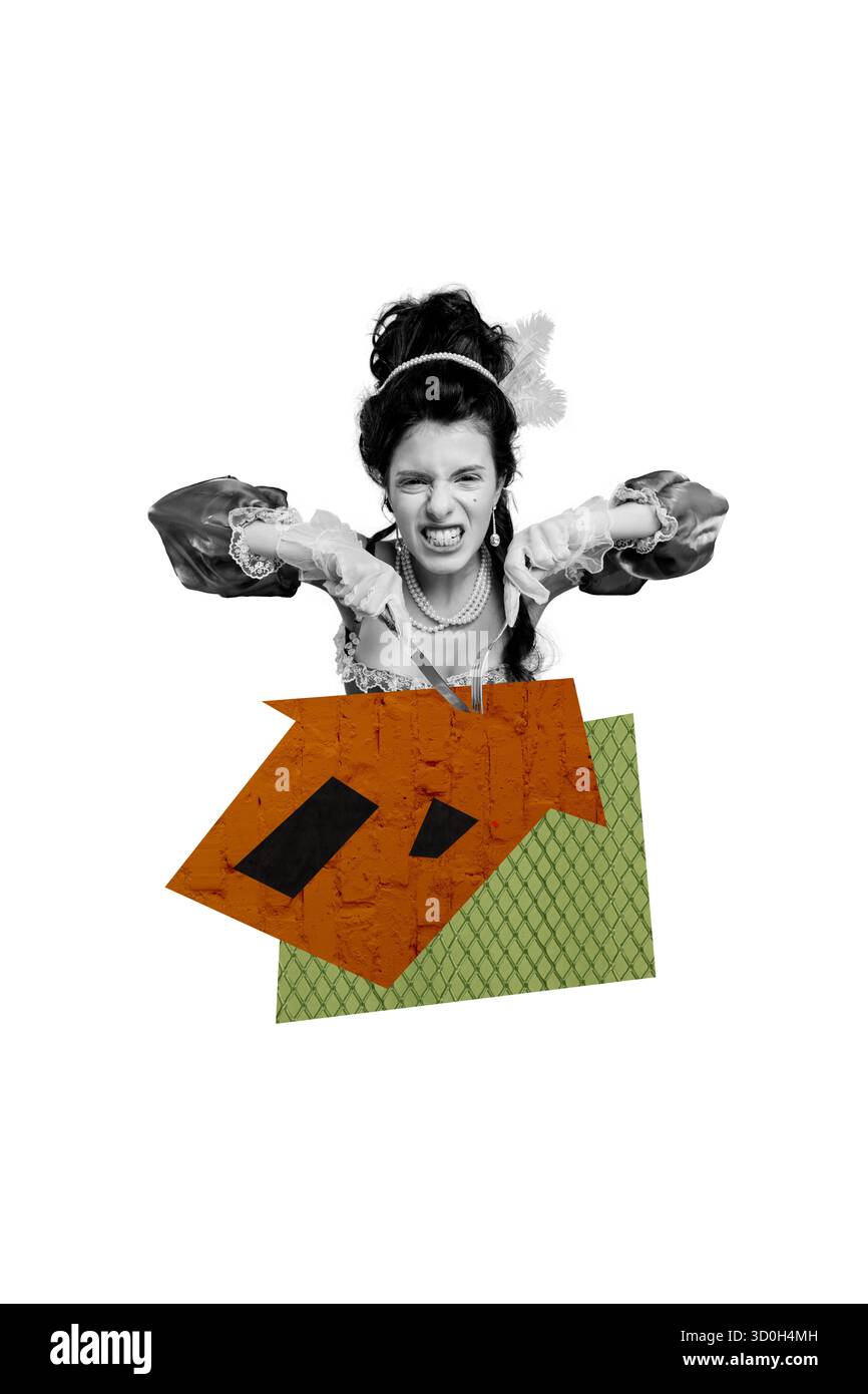 Collage composite de l'opulence vintage mode aristocratique jeune dame tenir ustensiles de cuisine couteau propriété agent de relocation agent immobilier Banque D'Images