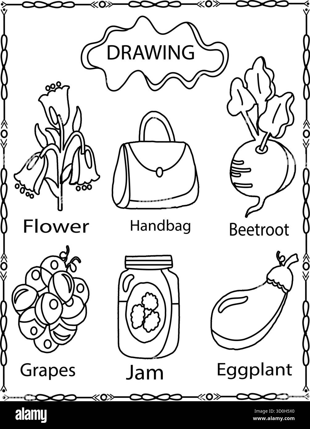 Flashcards légumes, ensemble noir et blanc. Collection de cartes flash dans le contour pour la coloration. Apprenez le vocabulaire alimentaire pour l'école et le préscolaire. Citrouille. Illustration de Vecteur