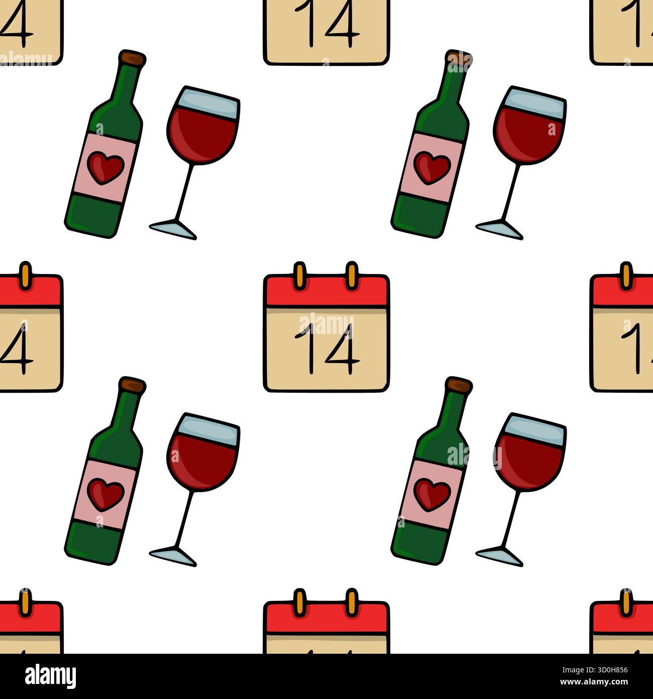 Modèle vectoriel sans couture avec des bouteilles de vin avec des étiquettes de coeur et des verres, à côté de calendriers marqués du numéro 14, évoquant un valent romantique Illustration de Vecteur