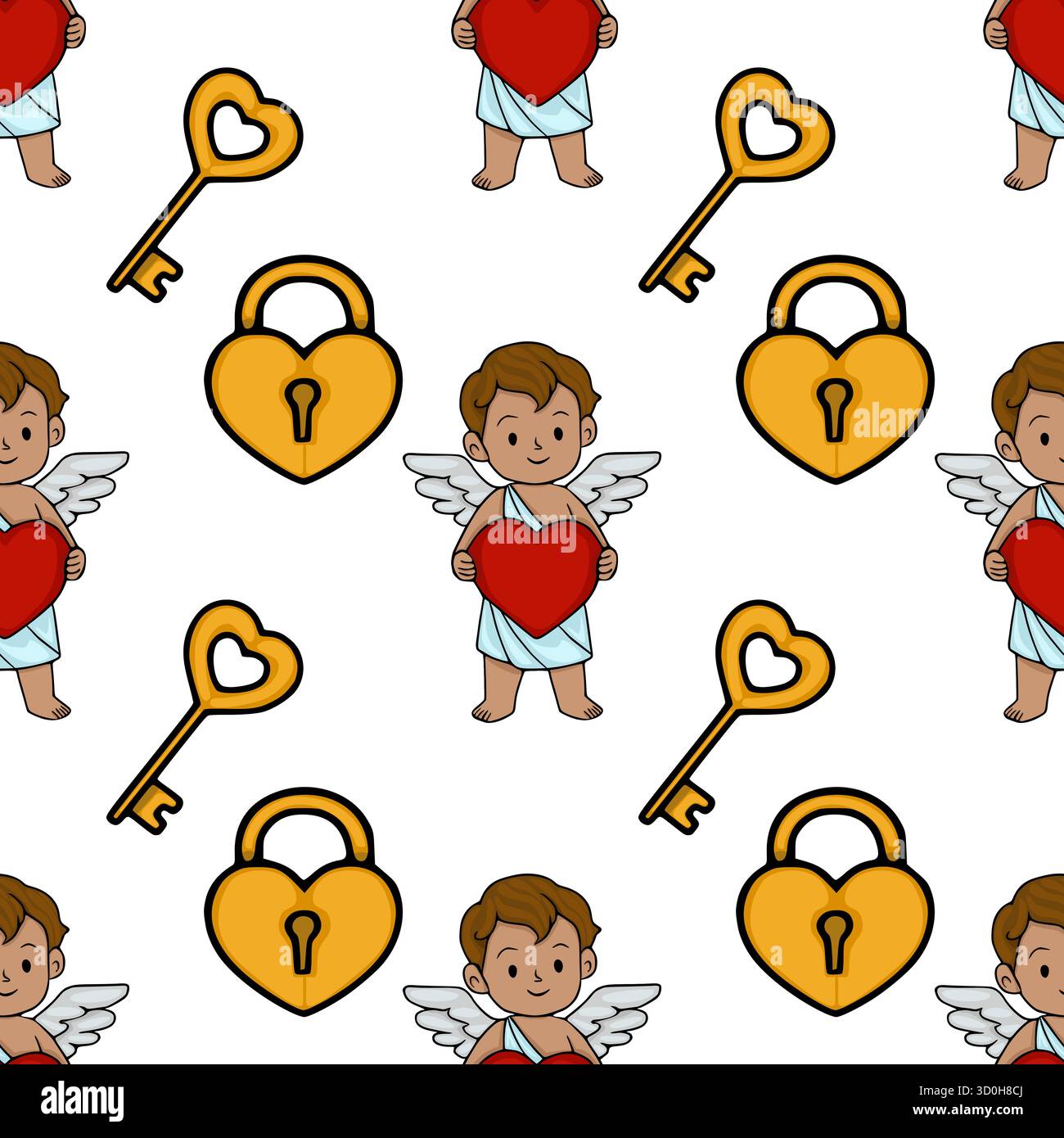 Un charmant motif vectoriel sans couture avec des cupidons adorables tenant des coeurs rouges, aux côtés de clés et de serrures en forme de coeur doré, parfait pour la Saint-Valentin Illustration de Vecteur