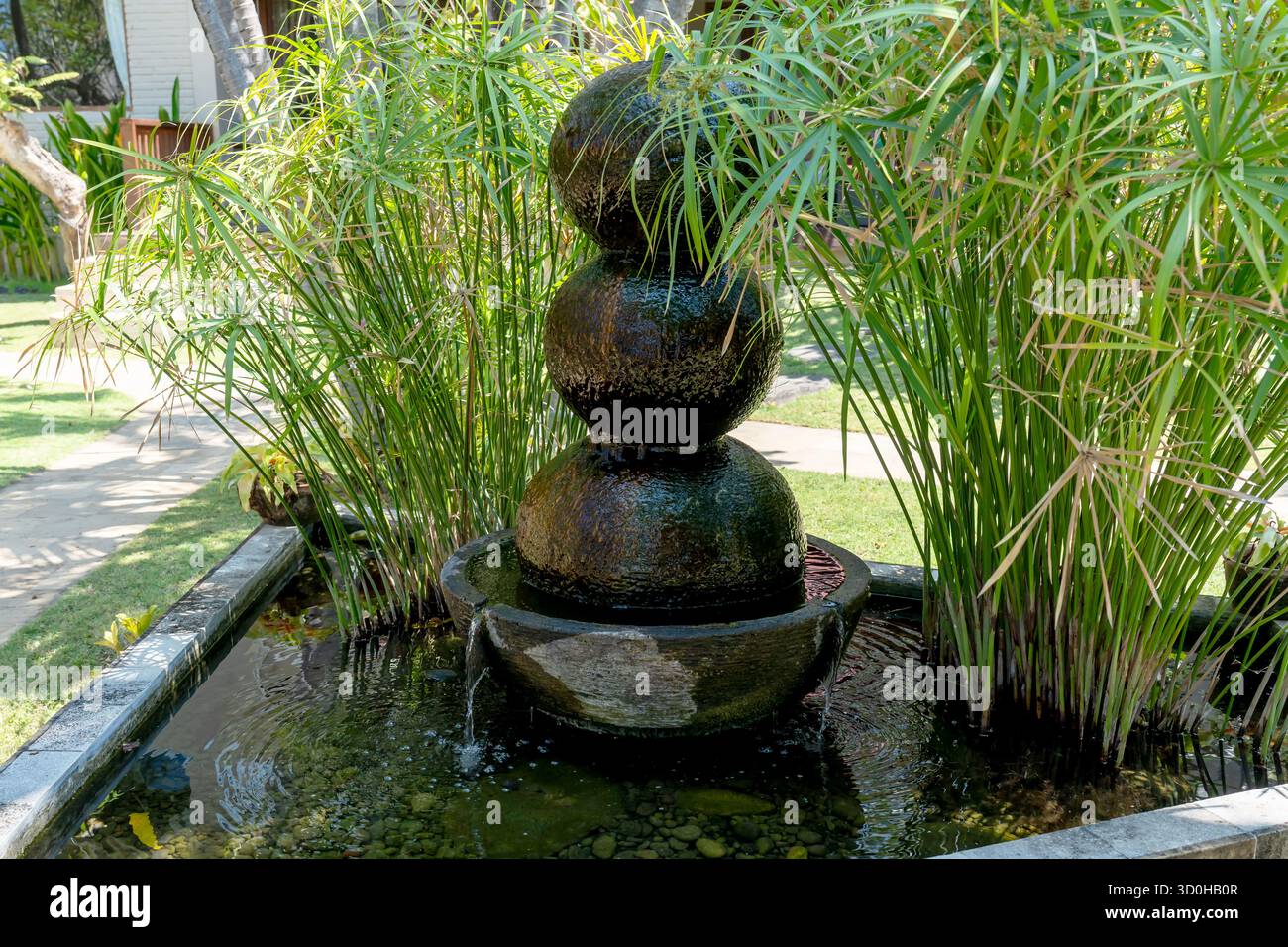 Fontaine d'eau de jardin zen dans un jardin tropical Banque D'Images