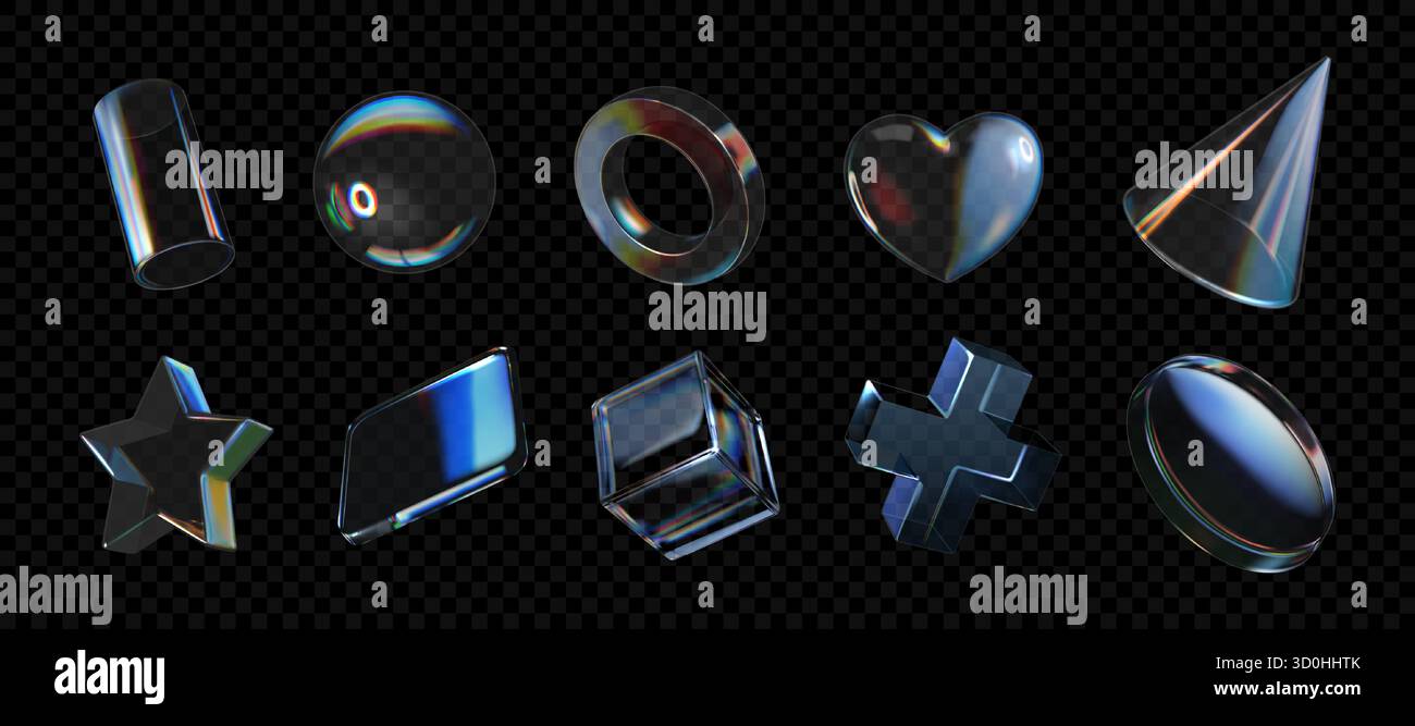 icônes de verre 3d. Forme abstraite d'étoile, coeur et bouclier, éléments de gradient de fleur. Objets brillants transparents y2k. Cube, boule holographique et anneau de cristal. Conception des boutons de l'interface utilisateur. Illustration isolée vectorielle Illustration de Vecteur