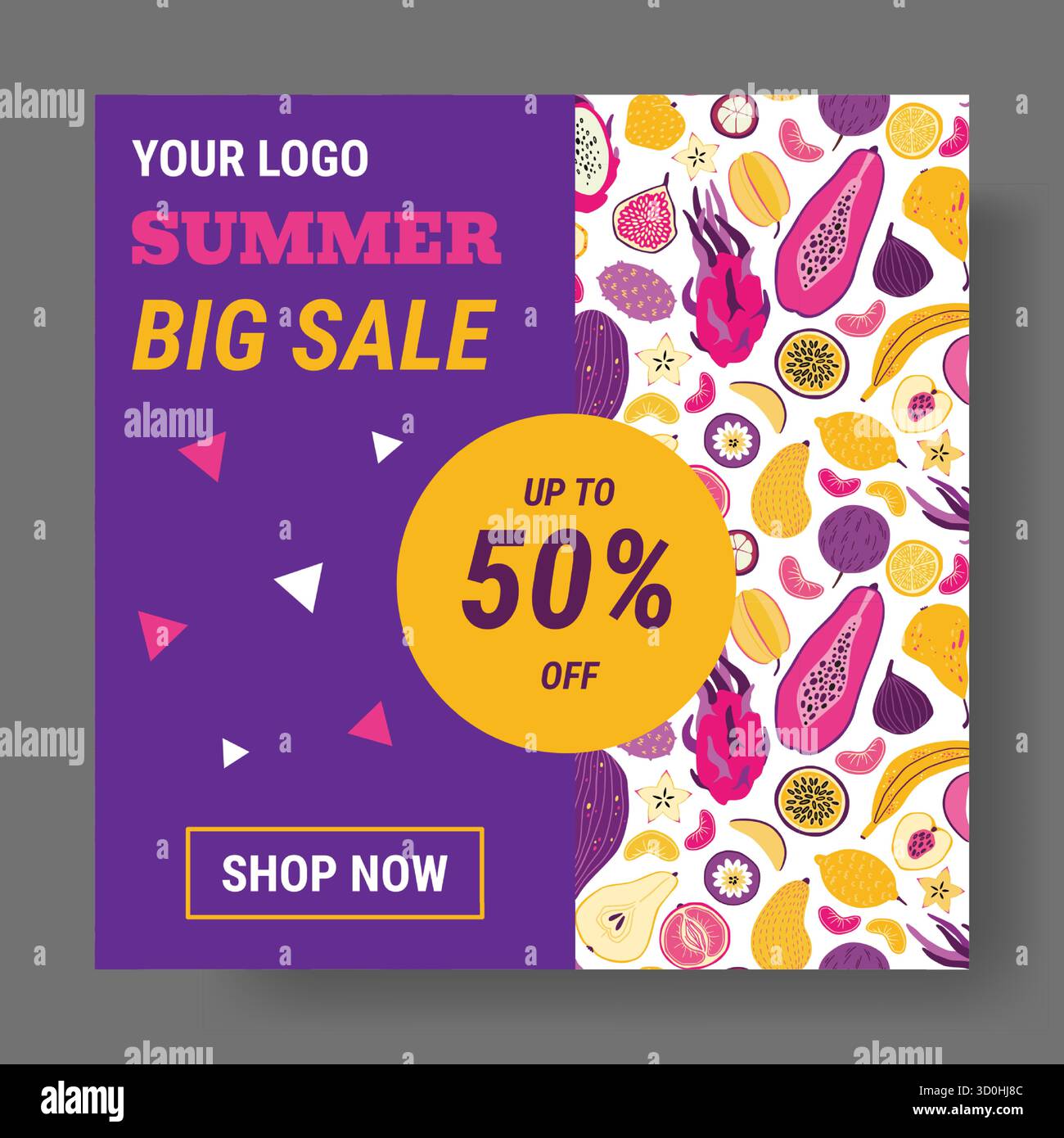 Soldes d'été. Fond de fruits tropicaux. Offre spéciale saisonnière de réduction. Modèle de conception de publication de médias sociaux avec espace de copie. Promotion marketing shopping. Nourriture estivale. Illustration isolée vectorielle Illustration de Vecteur