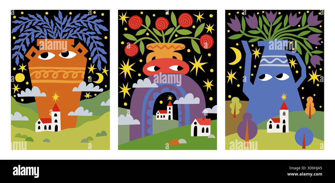 Affiches nordiques. Formes organiques abstraites. Soldes Sun. Doodle maison et arche pour la pépinière. Motif enfant découpé. Brochure bohème. Paysage contemporain. Vase à fleurs. Jeu de cartes de conception psychédélique vectoriel Illustration de Vecteur