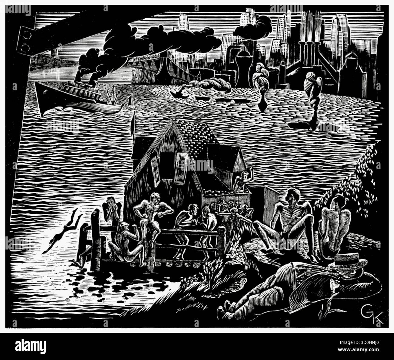 GaN Kolski - The Swimming Club - c1930 - L'impression en noir et blanc représente une scène de personnes rassemblées au bord de l'eau dans un cadre urbain. Le style de l'œuvre est caractérisé par le réalisme social, se concentrant sur la « scène américaine et les types indigènes ». Kolski était connu pour son travail en lithographie et gravures sur bois, et cette pièce est considérée comme un « sujet urbain inhabituel » pour son travail. Il reflète l'engagement de l'artiste dans l'environnement social et urbain de son époque. Banque D'Images
