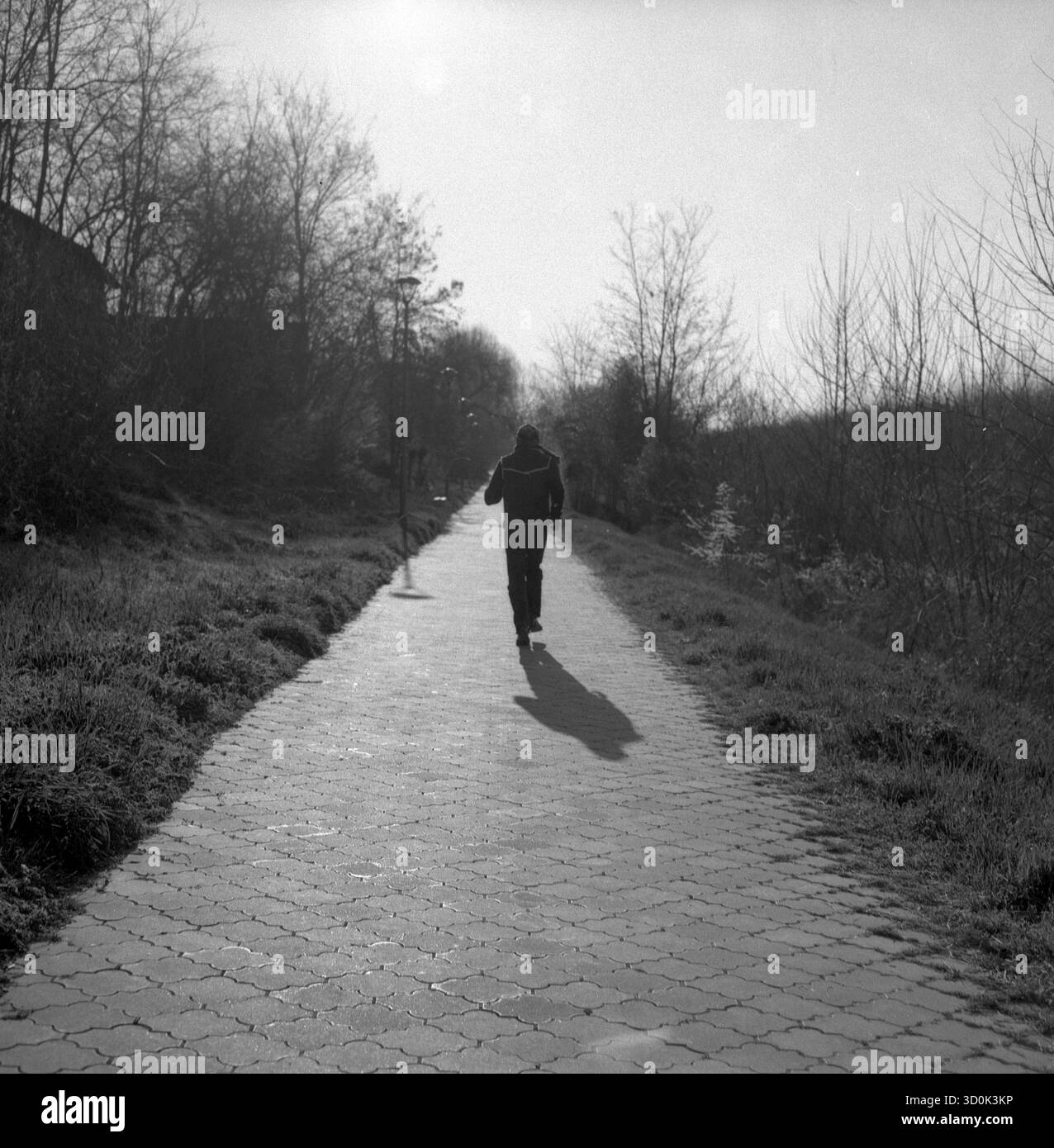 B&W Hasselblad photo analogique d'un homme plus âgé courant seul sur une promenade déserte au bord de la rivière, le soleil s'illuminant dans l'objectif, de fortes ombres. Banque D'Images