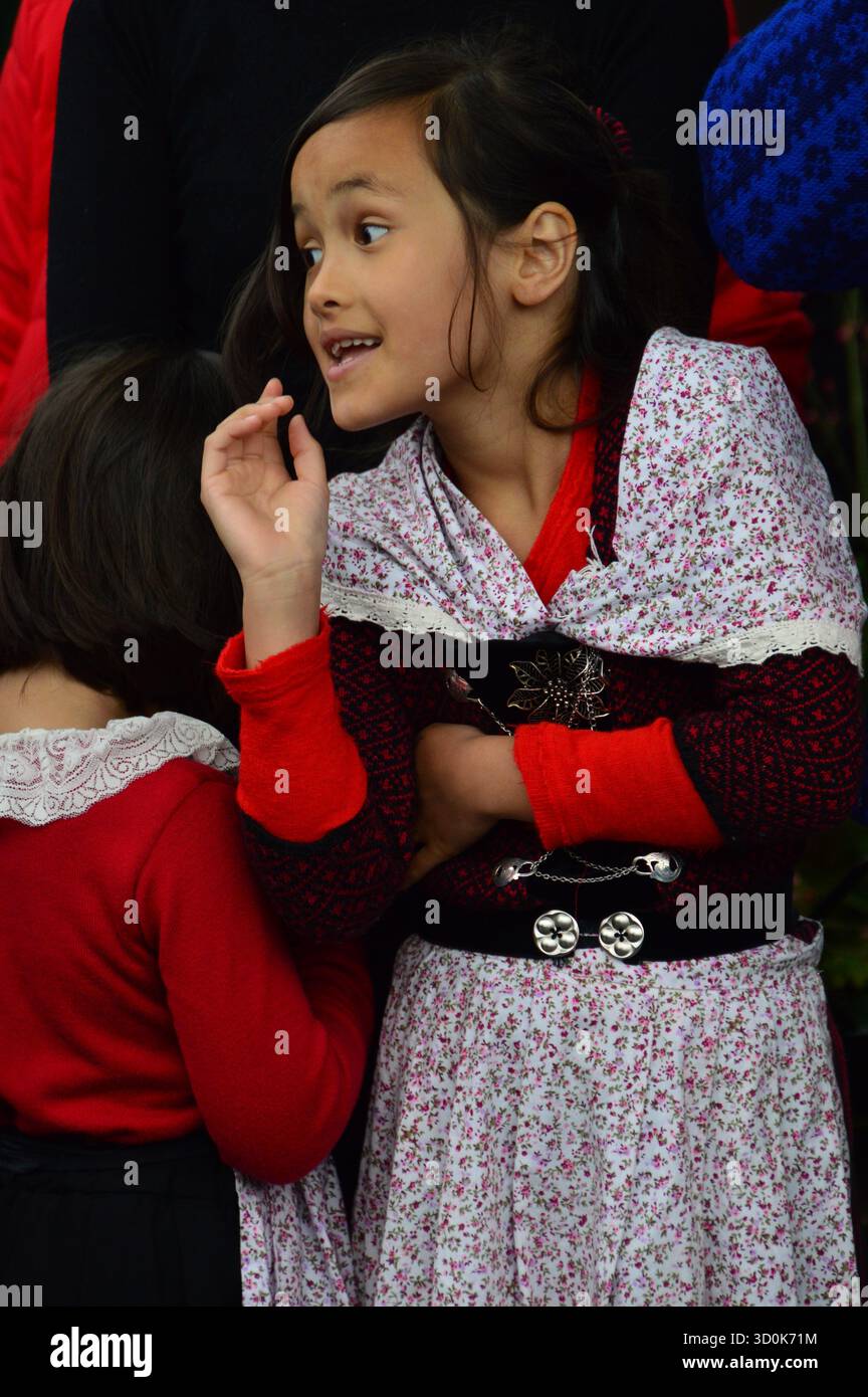 Fille vêtue d'un costume national traditionnel des Féroé lors des célébrations de Ólavsøka à Tórshavn, dans les îles Féroé, en juillet. Banque D'Images
