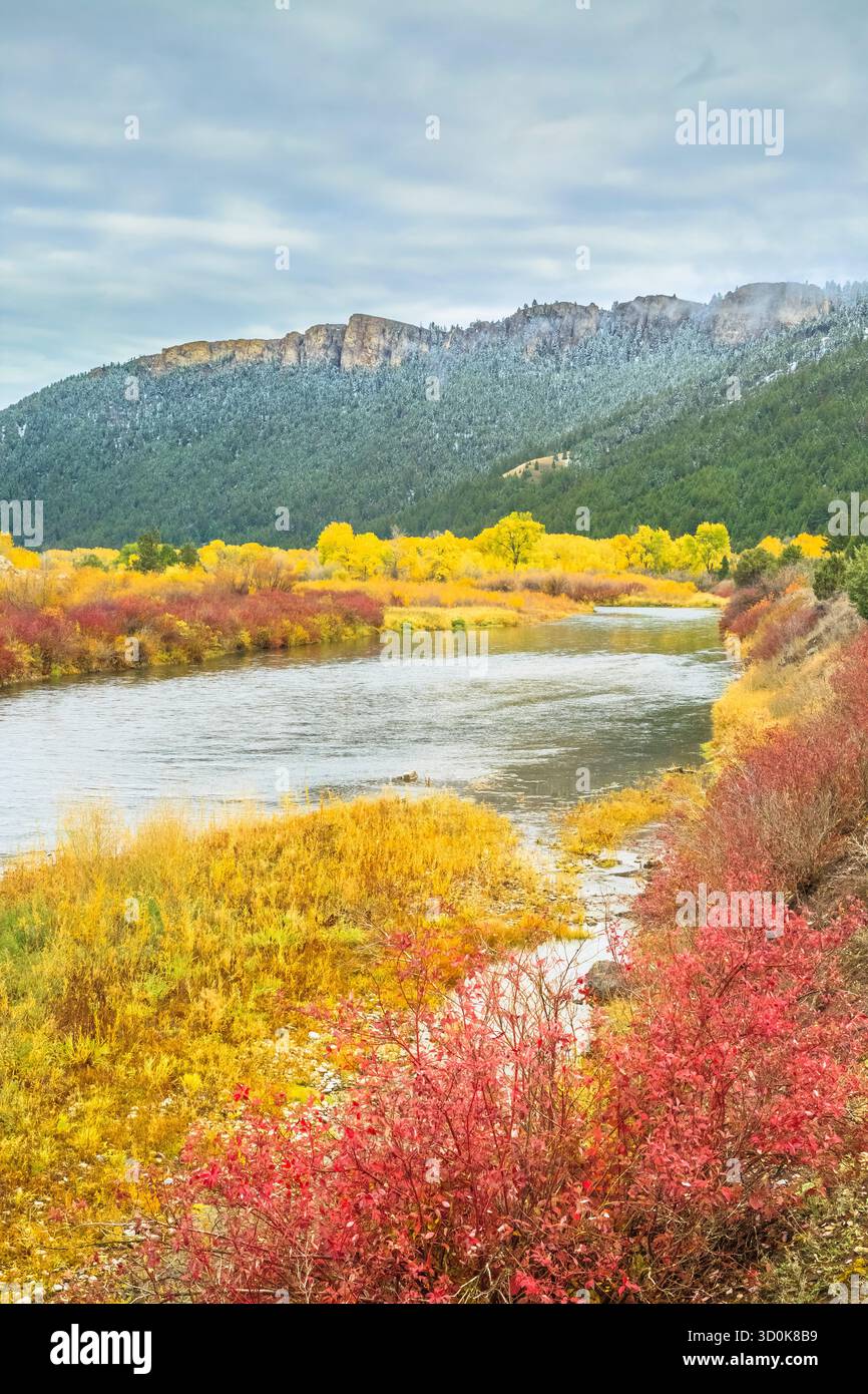 clark fork river et couleurs d'automne sous les hautes falaises près de drummond, montana Banque D'Images
