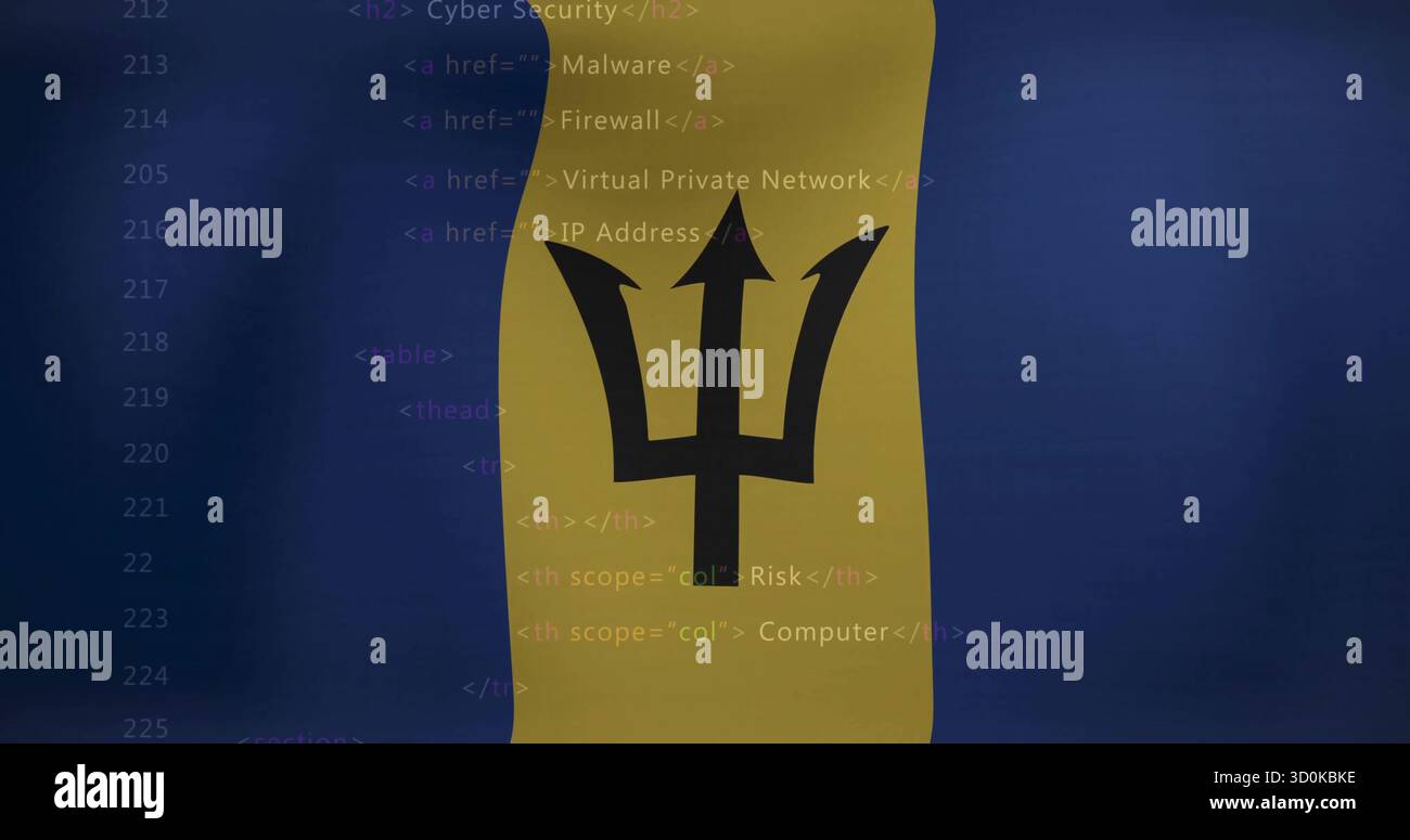 Affichage de bandes de drapeau verticales et de balises de code HTML dans un graphique numérique, avec symbole trident noir Banque D'Images