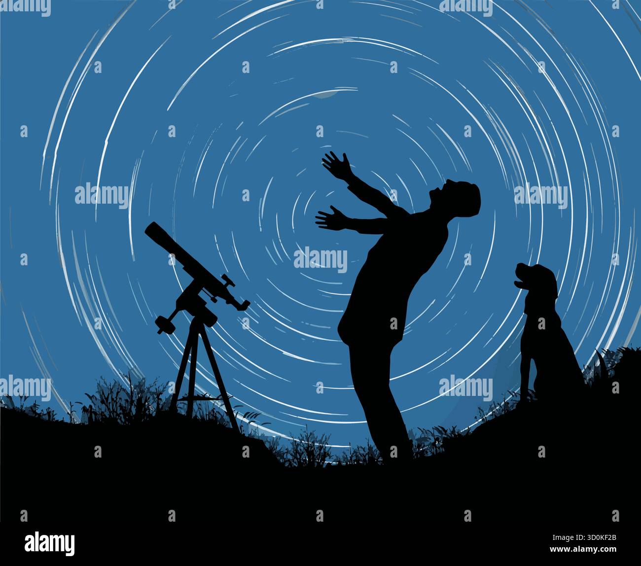 Un astronome amateur se réjouit quand il voit une étoile filante, ou comète dans le ciel nocturne. Il est vu avec son télescope et son chien. Une durée d'exposition de Illustration de Vecteur