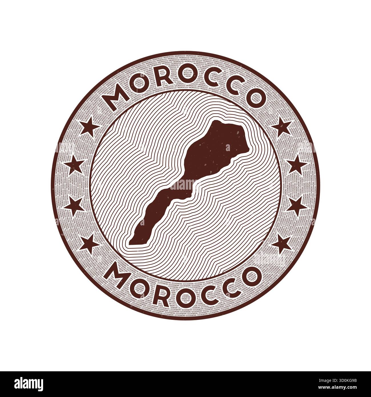 Vecteur de badge rond Maroc. Timbre rond de pays avec la forme du Maroc, isolignes, et nom de pays circulaire. Emblème étonnant. Illustration de Vecteur